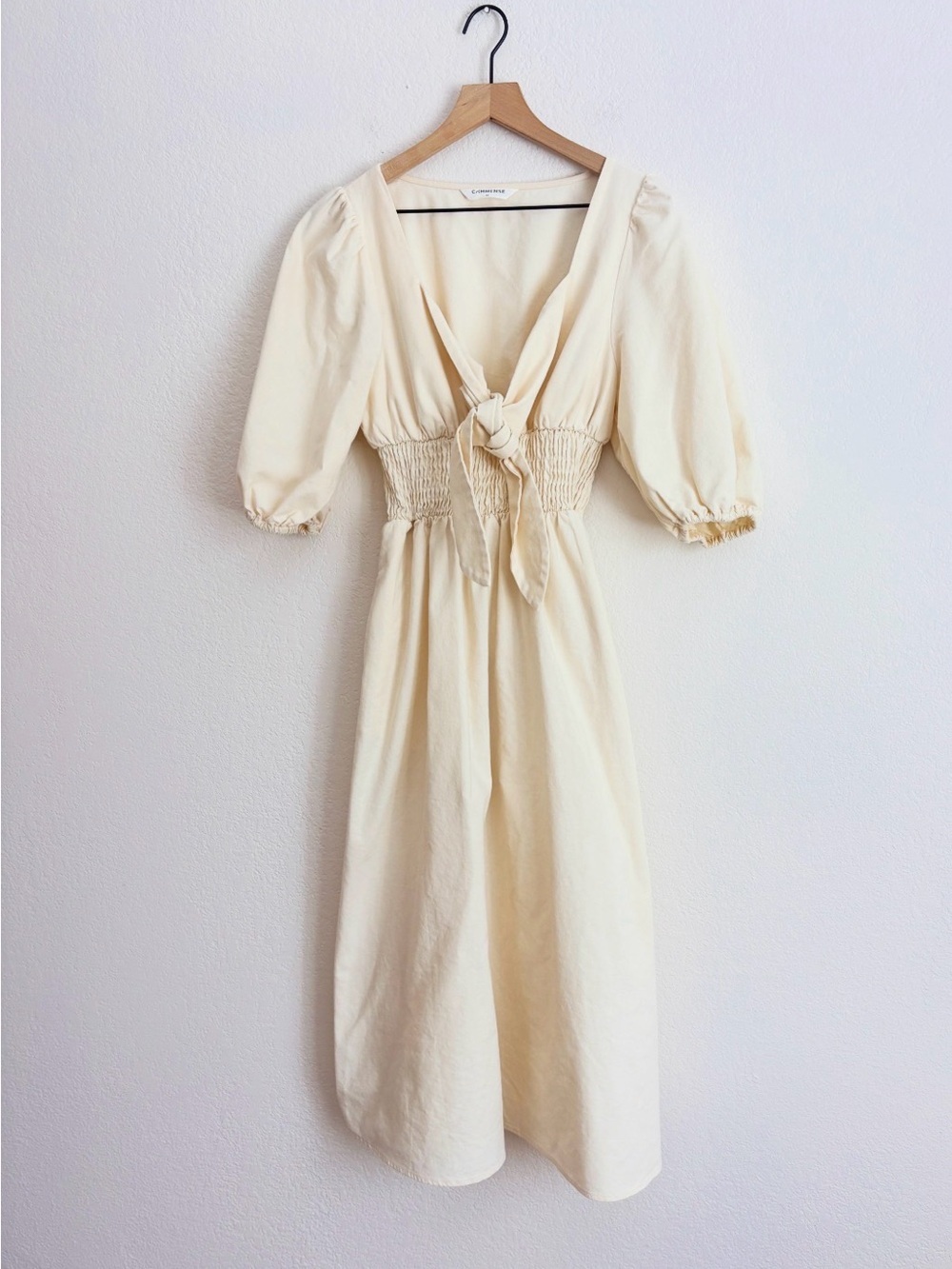 Commense Linen Cotton Cream Tie-Front Midi Dress